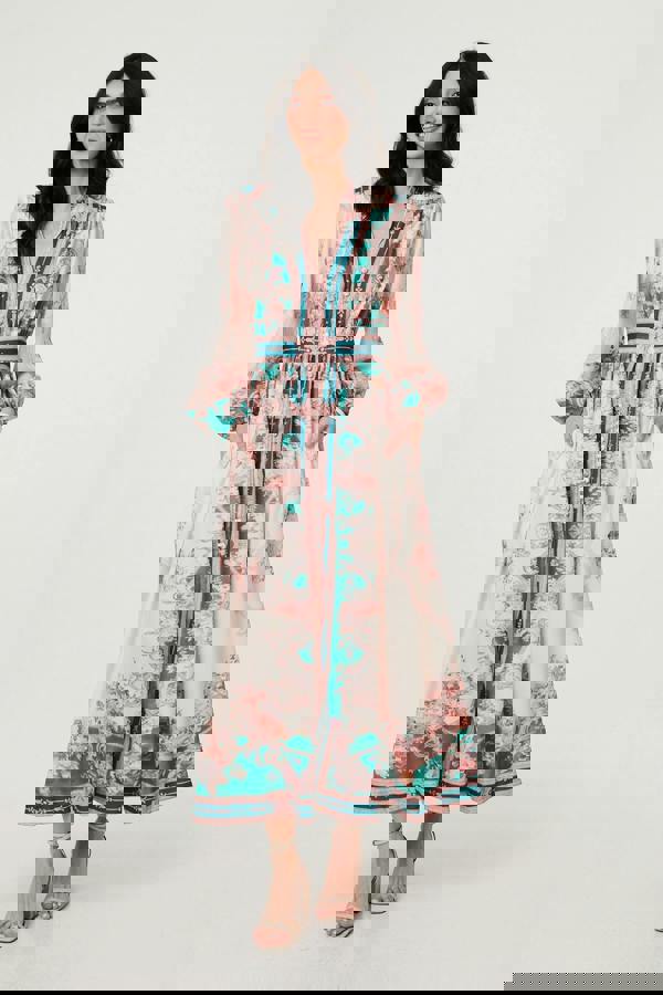 Green | Border Print V-Neck Buttoned Maxi Dress