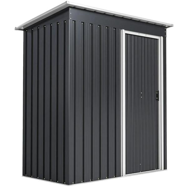 Black metal storage shed with sloped roof and sliding door, ridged panel walls.