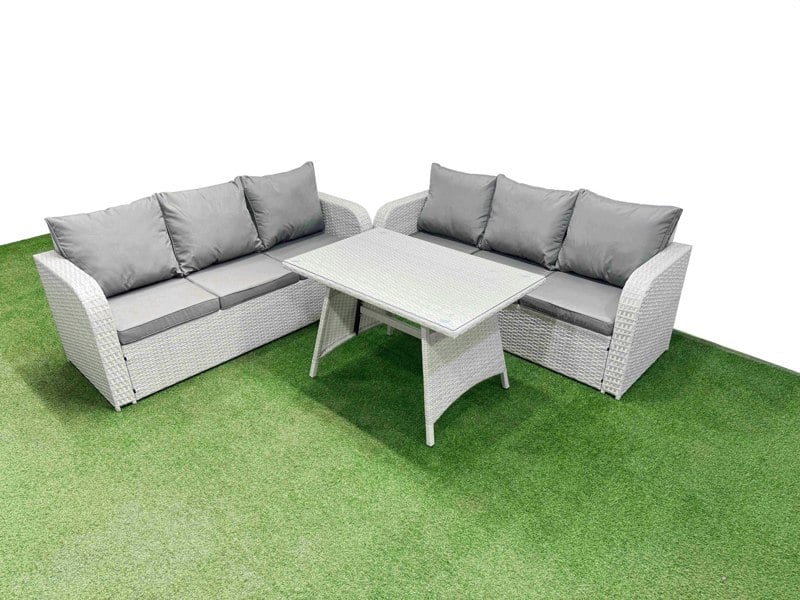 Fimous Patio Dining Table & Chairs Set Rattan High Back Lounge Sofa Set with 3 Seater Sofa Light Grey