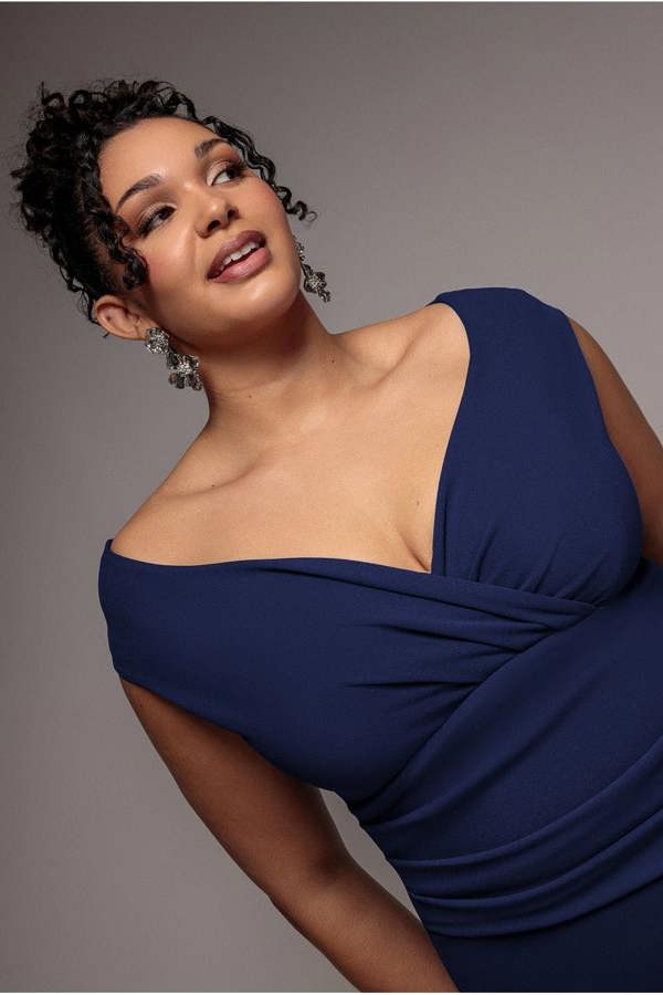 Goddiva Plus Bardot Pleated Midi Dress - Navy Blue by Goddiva Plus