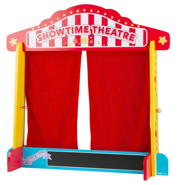 Bigjigs Toys Wooden Table Top Theatre, With Red Silk-Effect Curtains & Chalkboard