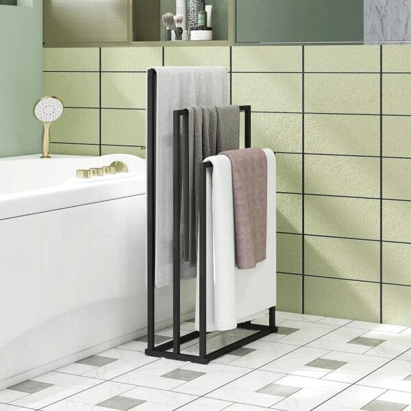 Freestanding Towel Rack, Steel Towel Rail Holder with 3 Bars, Black - Black