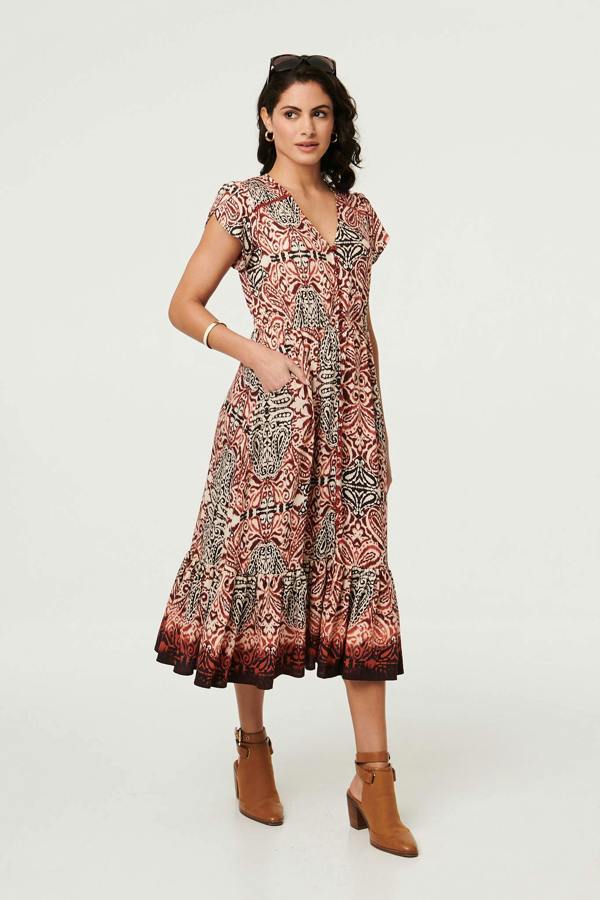 Red | Printed Cap Sleeve Midi Dress