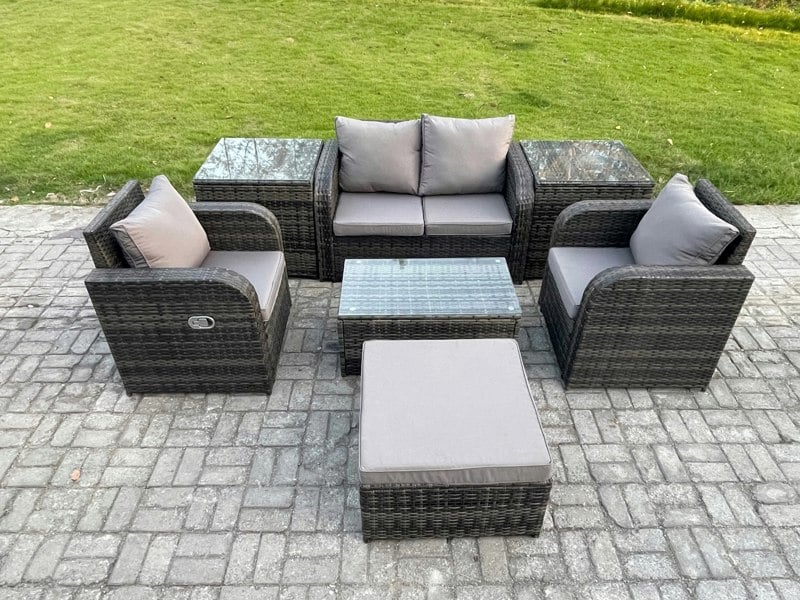 Fimous Wicker PE Rattan Outdoor Furniture Set Garden Love Sofa Coffee Table 2 Armchair 2 Side Tables Big Footstool Dark Grey Mixed