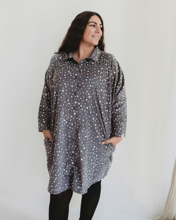 Jess Grey Abstract Spot Print Midi Shirt Dress- image 1