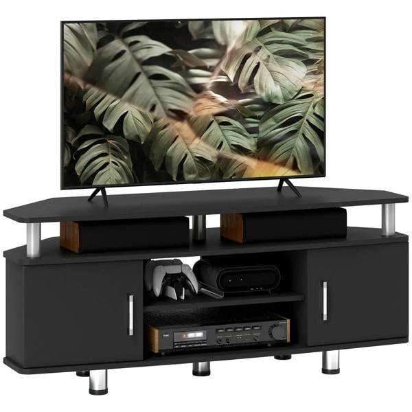 Black TV unit cabinet with TV stand, central shelf, and two open storage bays