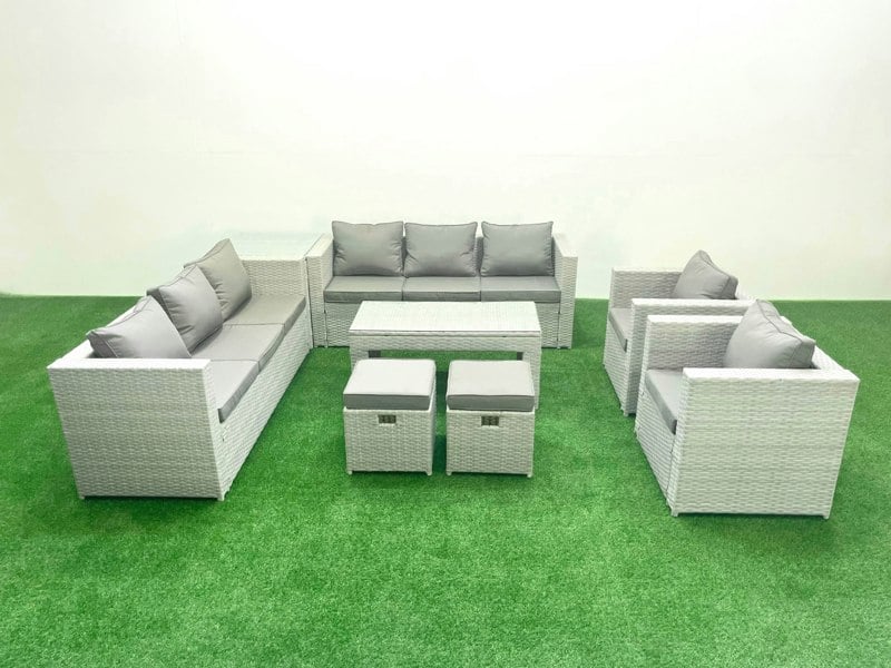 Fimous Outdoor Garden Furniture Rattan Sofa Set with 2 Armchairs Oblong Coffee Table 2 Small Footstools Side Table Light Grey Mixed