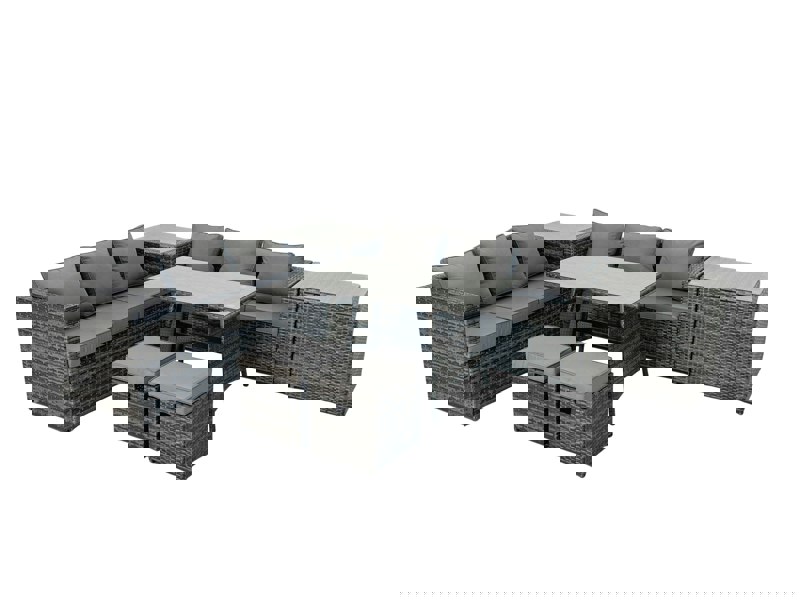 Fimous Rattan Dining Table Sofa Set with 2 Side Tables Small Footstool Outdoor Garden Furniture Set Dark Grey Mixed