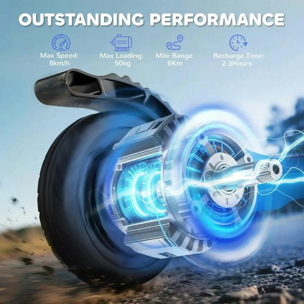 Blue electric scooter rear wheel with brake and illuminated motor-style hub detail