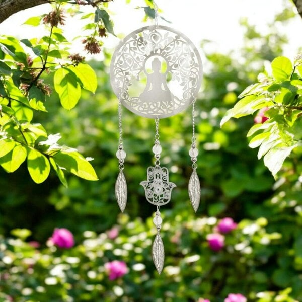 EDH Door Hardware Buddha Stainless Steel Hanging Dreamcatcher – 59cm x 18cm | Spiritual Wind Spinner for Indoor & Outdoor Use | Zen Garden, Meditation