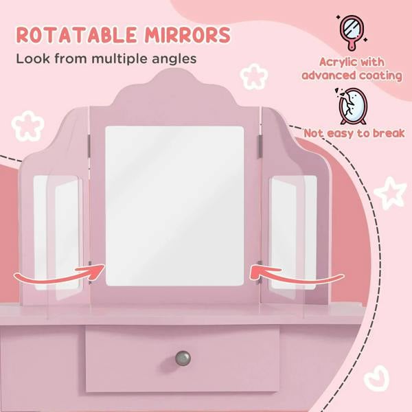Pink vanity table with large tri-fold acrylic mirror panels on both sides