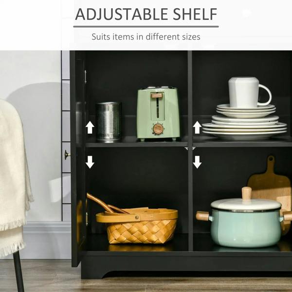 Black sideboard interior with adjustable shelf and storage compartments for dishes and cookware