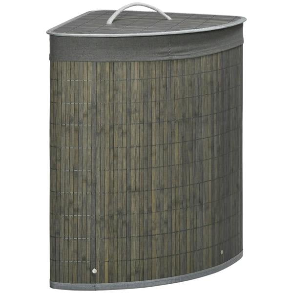 Grey bamboo laundry hamper with lid and curved handle, corner-style
