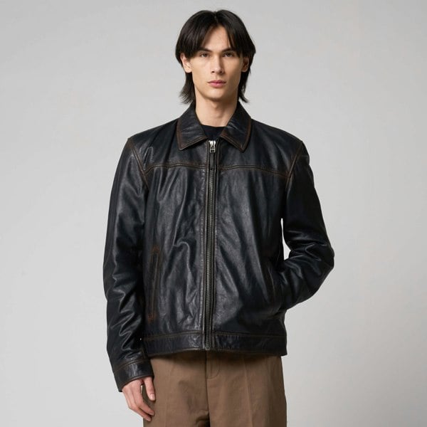 Barneys Originals Men's Washed Leather Harrington Jacket