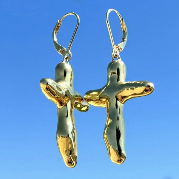 Gold vermeil cross earrings by LENAE London, fluid, irregular design.