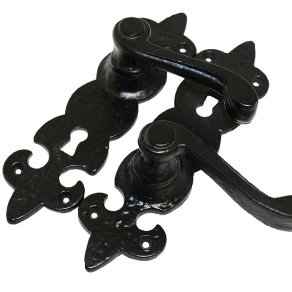 EDH Door Hardware Black Cast Iron Fleur-de-Lys Door Handles – Lever Latch, Bathroom Lock & 3 Lever Lock Sets