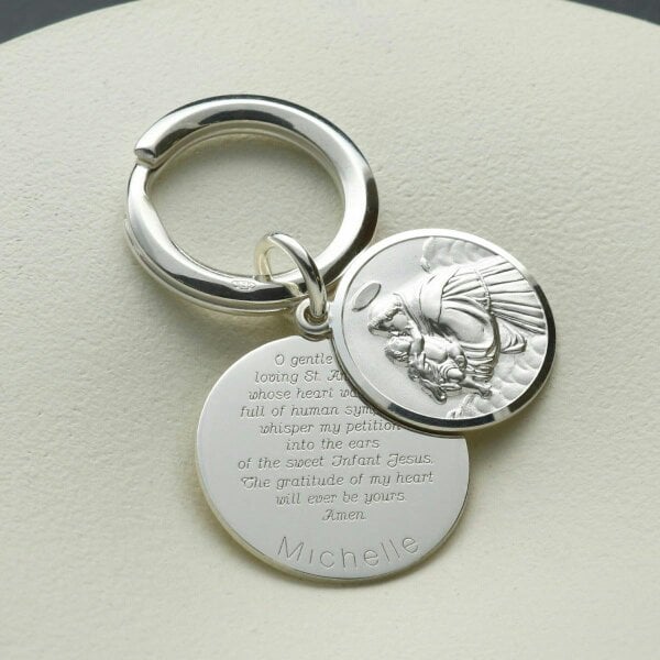 Christopher James of London Sterling Silver Personalised Round St Anthony Keyring With St Anthony Prayer
