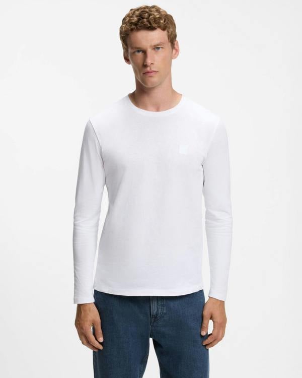 BOSS Orange Tacks Mens Long Sleeve T - Shirt with logo Patch - White 100 | CHO | Designer Mens Long Sleeve T - Shirts & Tops