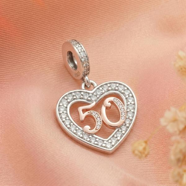 Parus Home 50th Birthday Charm Pandora Compatible 925 Sterling Silver Heart Dangle, Bracelet Gift for Mum