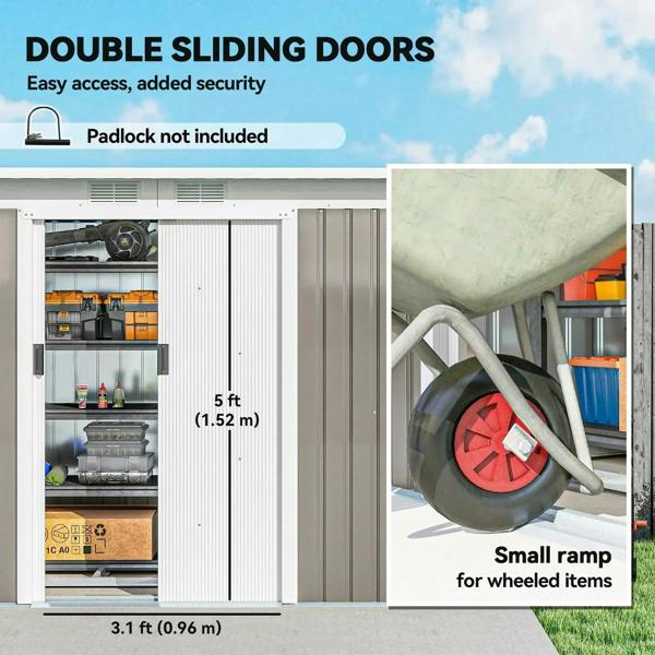 Light grey shed with double sliding doors and small ramp for wheeled items
