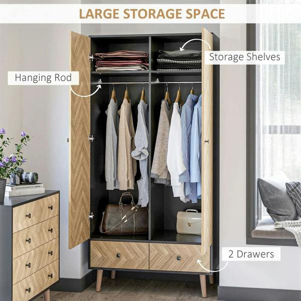 Wardrobe cabinet interior with hanging rod, shelves, and two front drawers