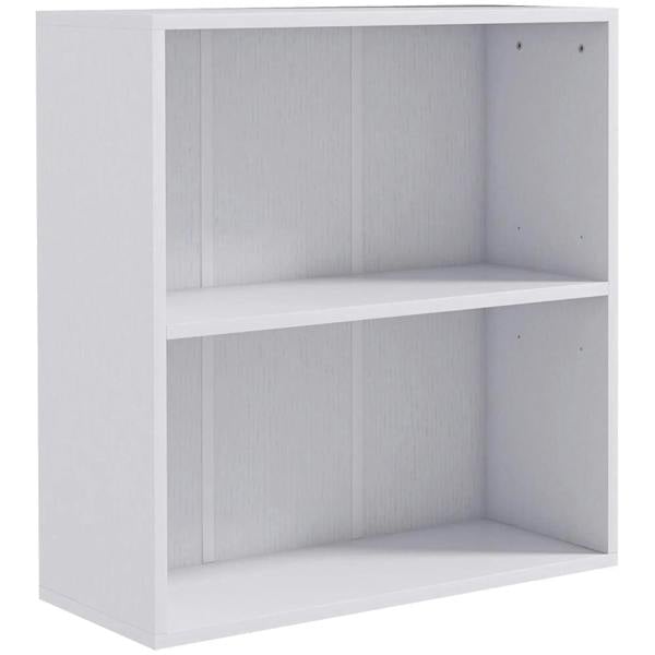 White 2-tier low bookcase with two open compartments and shelf divider
