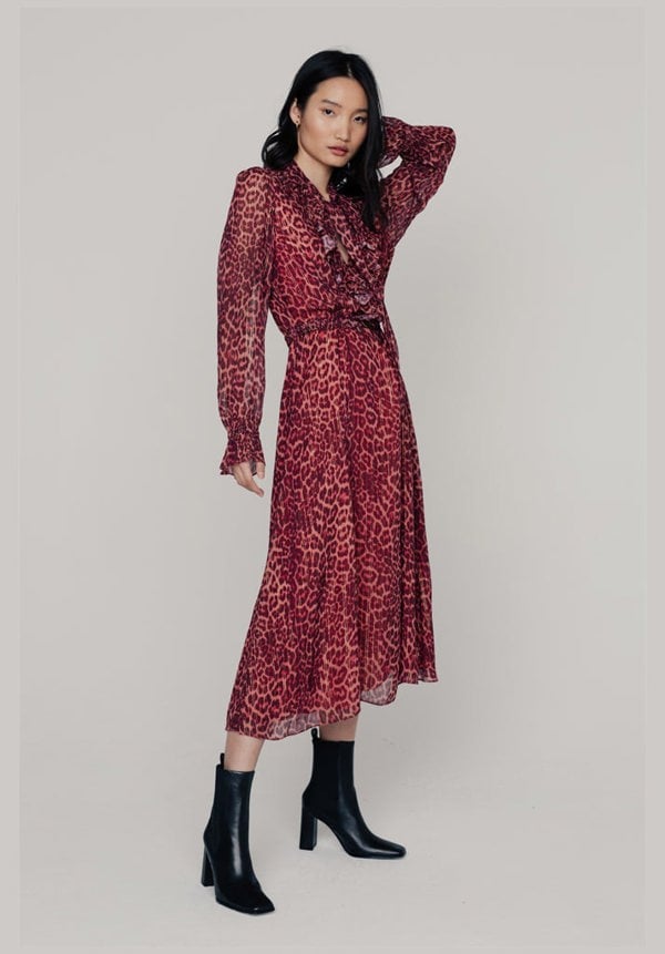 Fifi Leopard Midi Dress in Burgundy