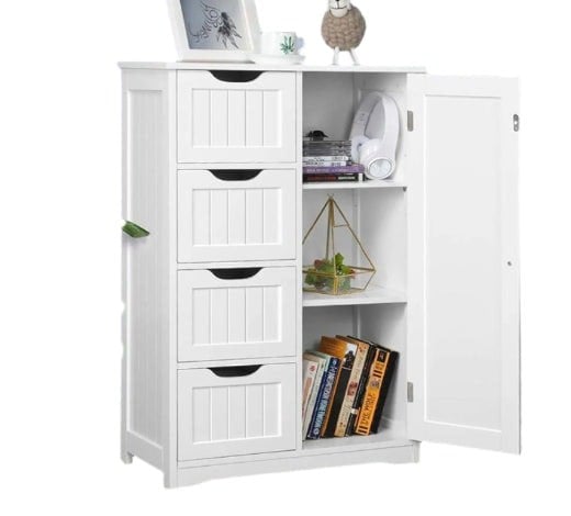 Modcraft Bathroom Floor Cabinet Wooden Freestanding Storage with 4 Drawers & 1 Door Adjustable Shelf – White