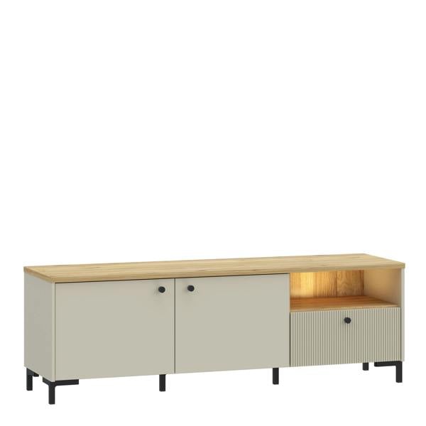 Furniture To Go Bixbite Wide TV Unit with Fluted Drawer, Open Shelf & Cupboard in Mauvella Oak and Sand