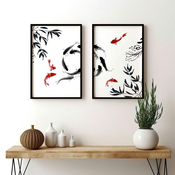 Framed prints for living room | set of 2 Koi wall art