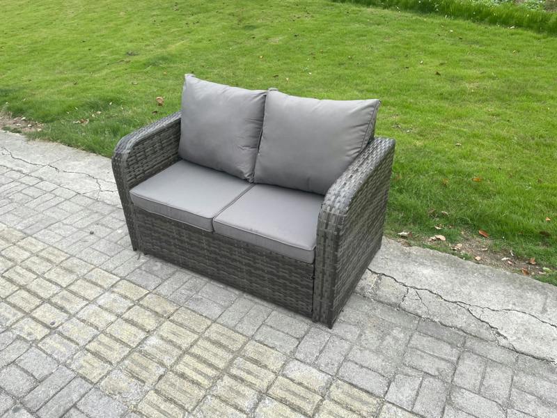 Fimous High Back Garden Set, Loveseat Sofa, Coffee Table, Big Footstool and Side Table, Indoor Outdoor Patio Lounge, Dark Grey Mixed
