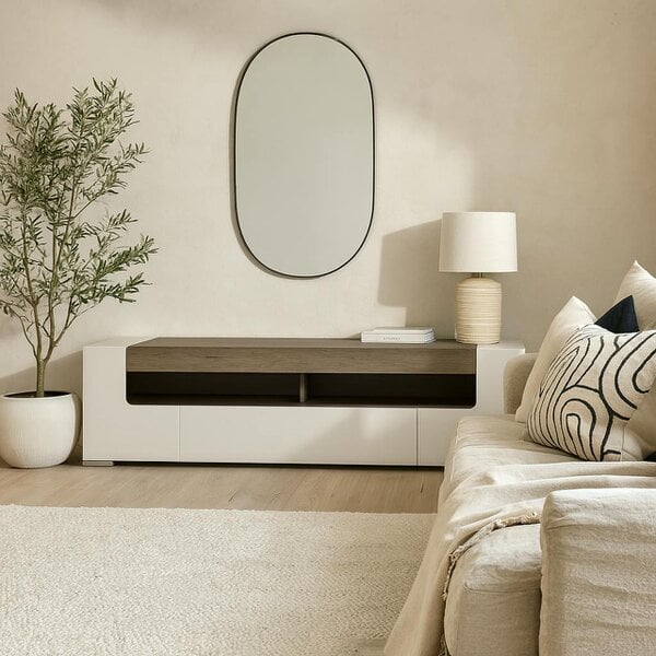 Wyld Haus Porto Wide Gloss White TV Cabinet with Oak Detail 2 Doors and 2 Drawers