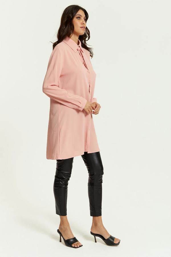 Hoxton Gal Oversized Tie Detailed Shirt Tunic with Long Sleeves in Pink