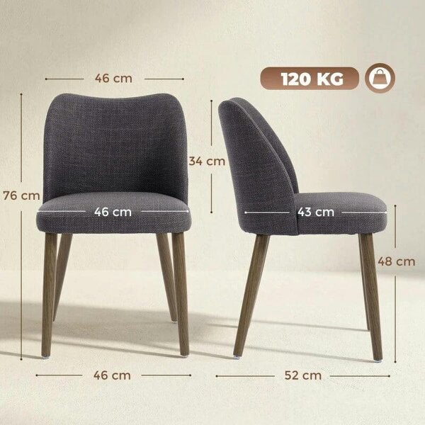 Bobobiy Dining Chairs Set of 2, Linen Upholstered Kitchen Chairs with Padded Seat, Curved Backrest, Rubberwood Legs, Dark Grey