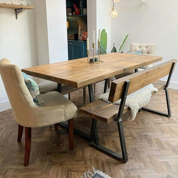 Rugger brown 183cm reclaimed dining table and custom 183cm bench with back