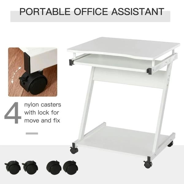 White portable office desk on lockable caster wheels with sliding keyboard support