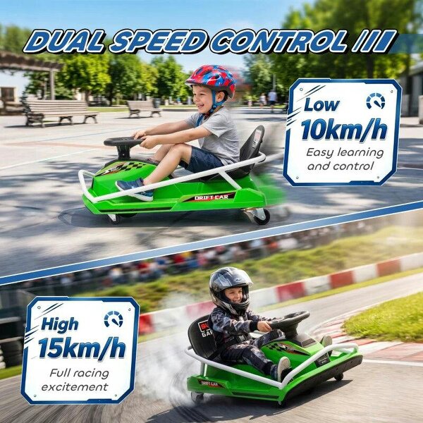 24V Electric Go Kart for Kids with Drift Mode, 300W Brushless Motor, Soft Start and Dual Speed for Ages 6-10, Green
