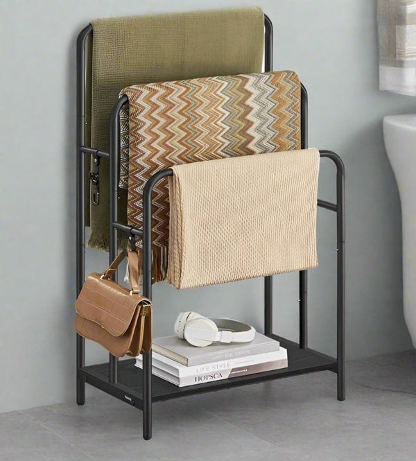 Bathroom towel holder with 2 hooks and bottom storage shelf

