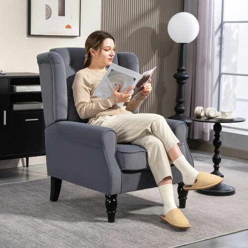 Wyld Haus Vanola Fabric Grey Retro Wingback Accent Armchair With Diamond Button Tufted Upholstery