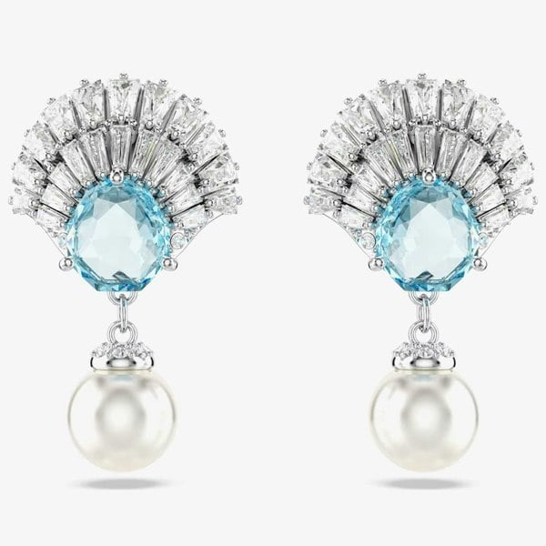 Swarovski Idyllia Rhodium Plated Blue Sheel & Pearl Dropper Earrings 5680301
