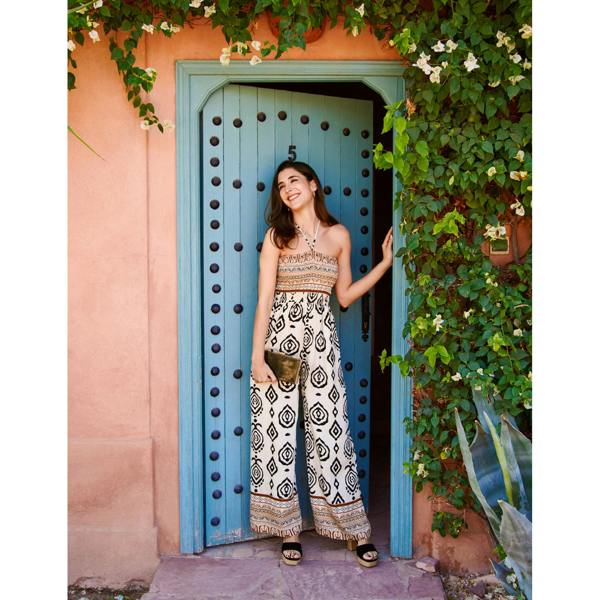 Blue Vanilla Print Strapless Bandeau Shirred Jumpsuit