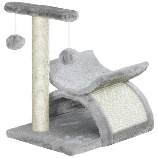 Grey cat tree with sisal post, curved perch, and dangling ball toy