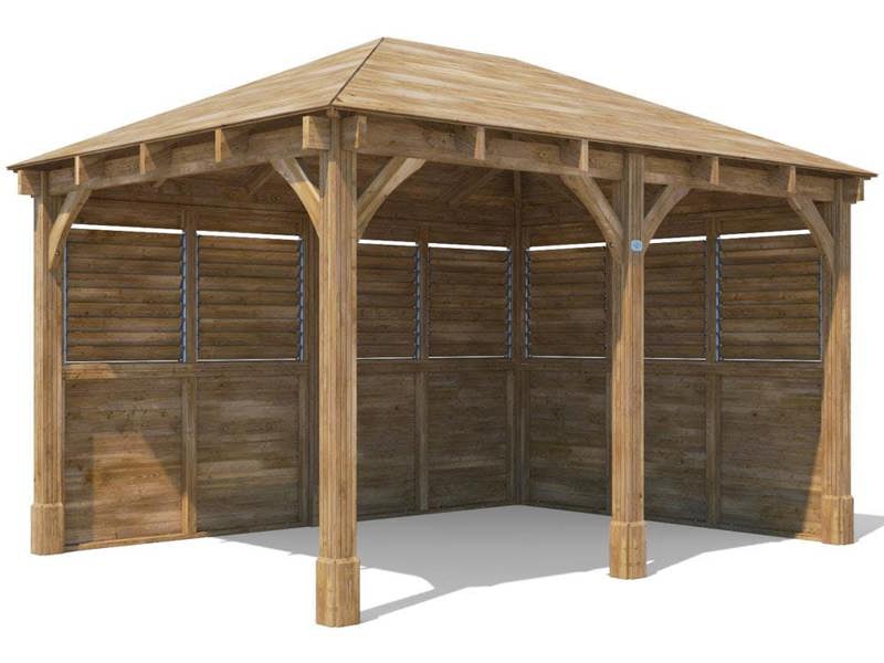 Dunster House Wooden Gazebo Kit Louvre Walled 4m x 3m Heavy Duty Garden Shelter Roof Shingles Leviathan