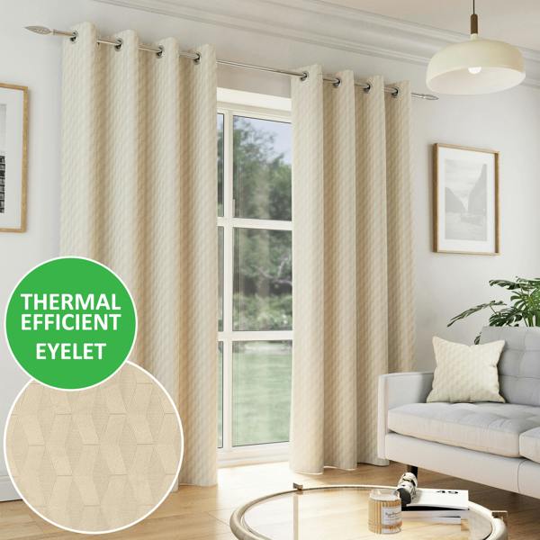 Enhanced Living Cream Geometric Velvet Embossed Thermal Room Darkening Curtains for Bedroom & Living Room