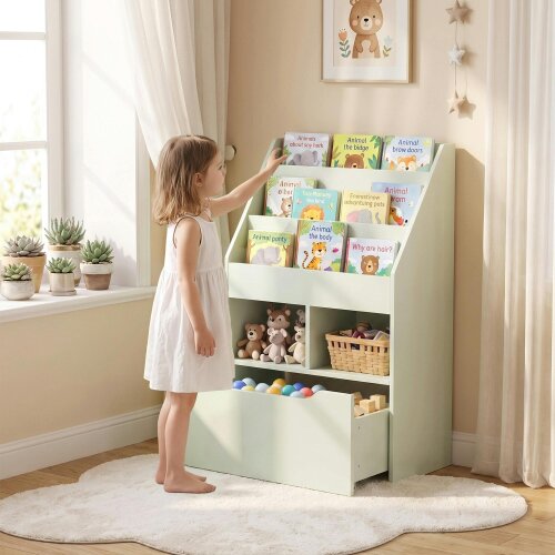 HOMCOM Kids Bookcase, Toy Box w/ Storage Drawer, Wheels for Bedroom - Green