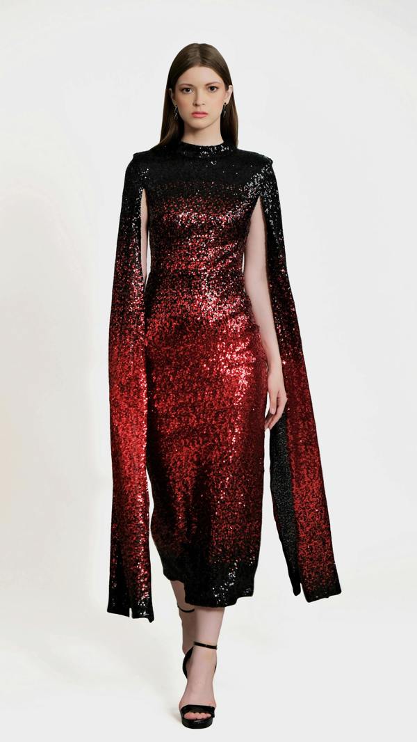 LuvForever Phoenix - Red Black Cape Sleeve Sequin Midi Dress