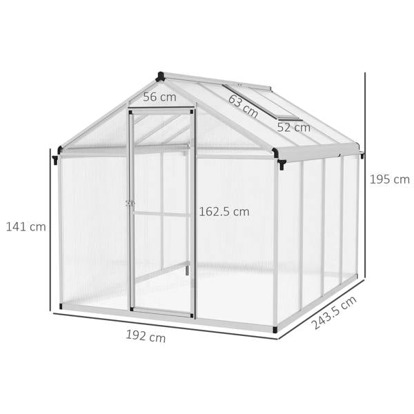 White aluminium frame greenhouse with clear panels showing size dimensions and door opening