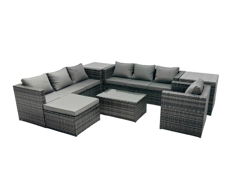 Fimous Rattan Garden Furniture Dining Set 8 seater Patio Coffee Table Sofa Set with Big Stool 2 Side Tables Dark Grey Mixed