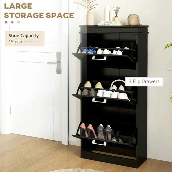 Black shoe cabinet with three flip drawers open, showing shoe storage