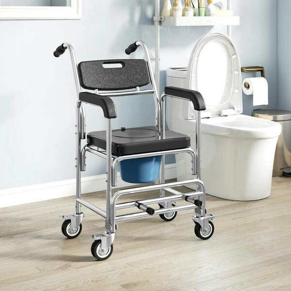 Transport Beside Shower Chair, 3-in-1 Commode Chair with Wheels and Padded Seat, Black